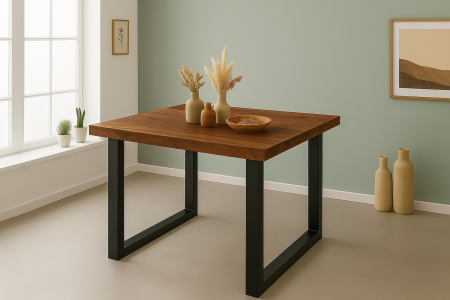 Esstisch 90x90cm Akazienholz nussbaumfarben gerade Kante U-Gestell schwarz RIO