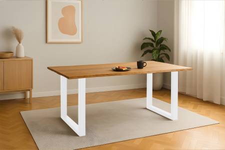 Esstisch 220x100 cm Baumkante Eichenholz massiv geölt U-Gestell weiß SALVADOR