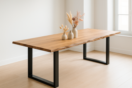 Esstisch Baumkante massiv Akazie natur 220 x 100 cm U-Gestell schwarz LIAM