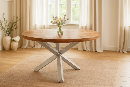 Esstisch rund Ø 130 cm Akazie natur massiv Sternfuß-Gestell silber RUNA