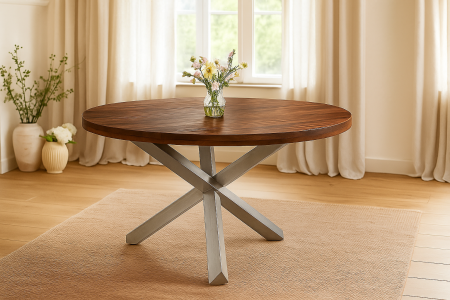 Esstisch rund Ø 130 cm Akazie nussbaum massiv Sternfuß-Gestell silber RUNA