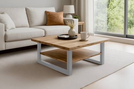 Couchtisch Baumkante massiv Akazie natur lackiert 90x90 cm silber PATRICK