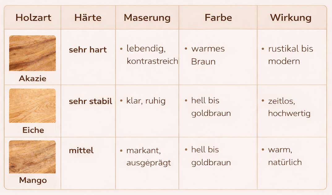 Holzart Akazie-Eiche-Mango - Vergleich