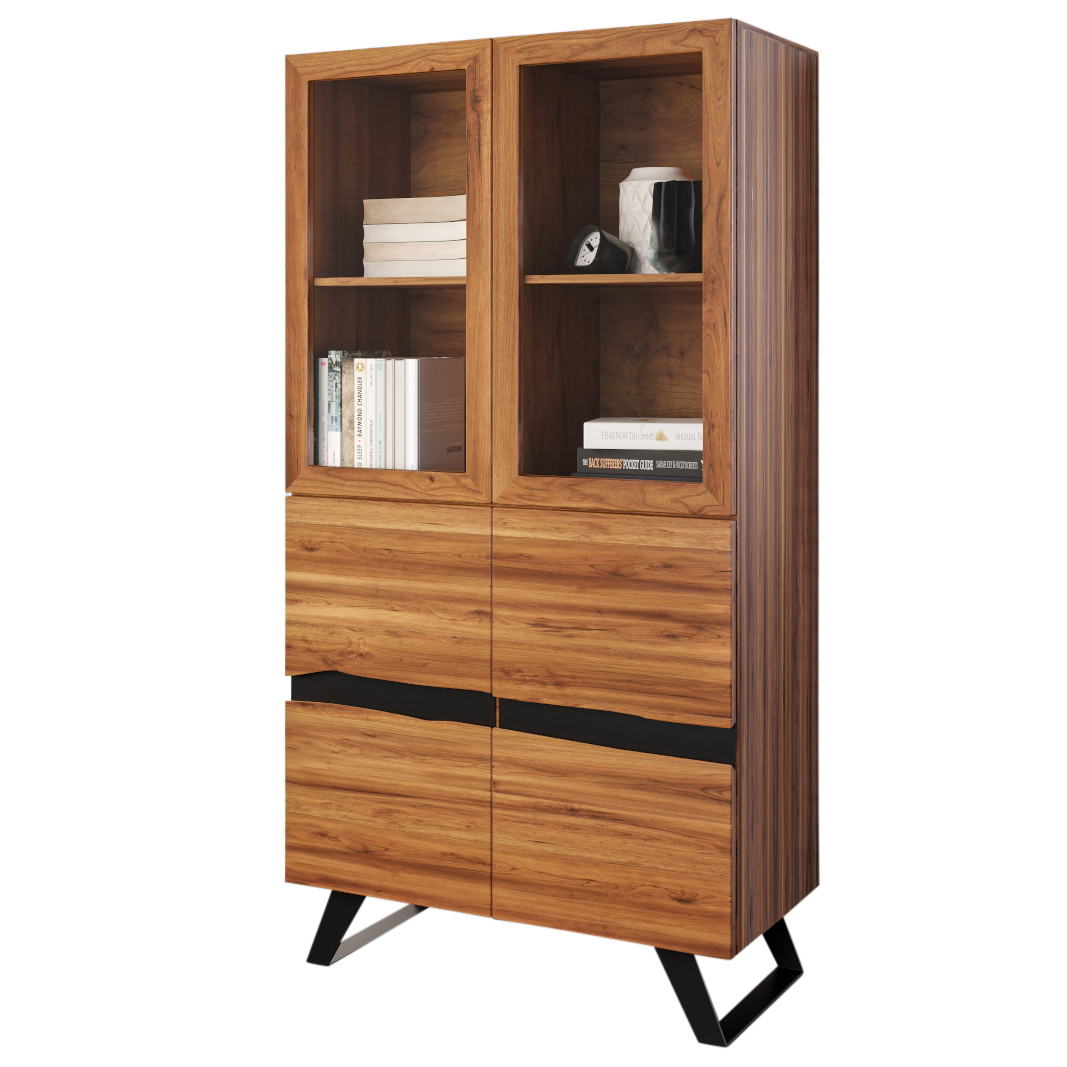 B-Ware Einzelstück Highboard Vitrine 98 x 44 x 175 cm Akazienholz massiv nussfarben Sara