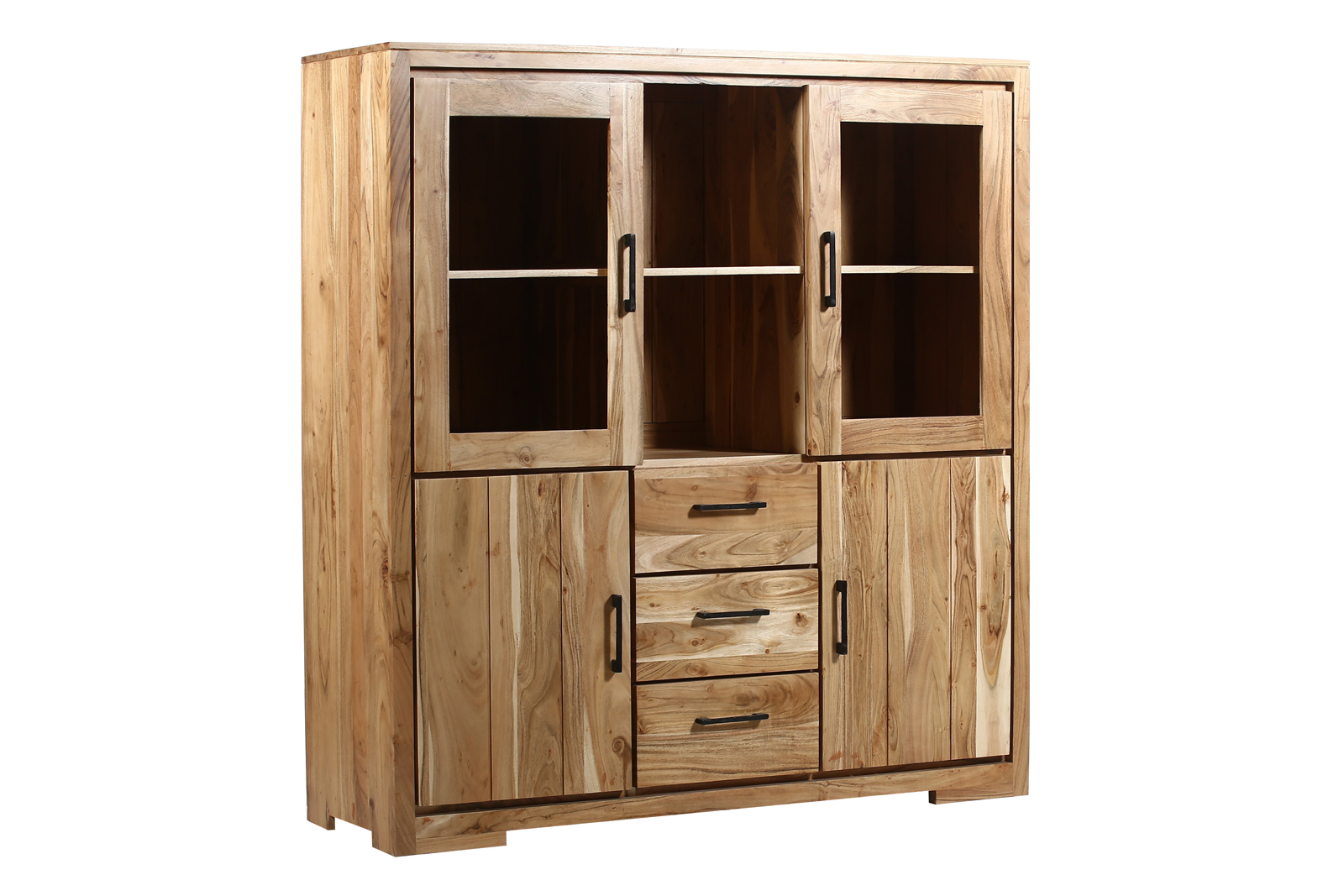 B-Ware Einzelstück Highboard Vitrine 140 x 45 x 150 cm Akazienholz massiv naturfarben Sarah