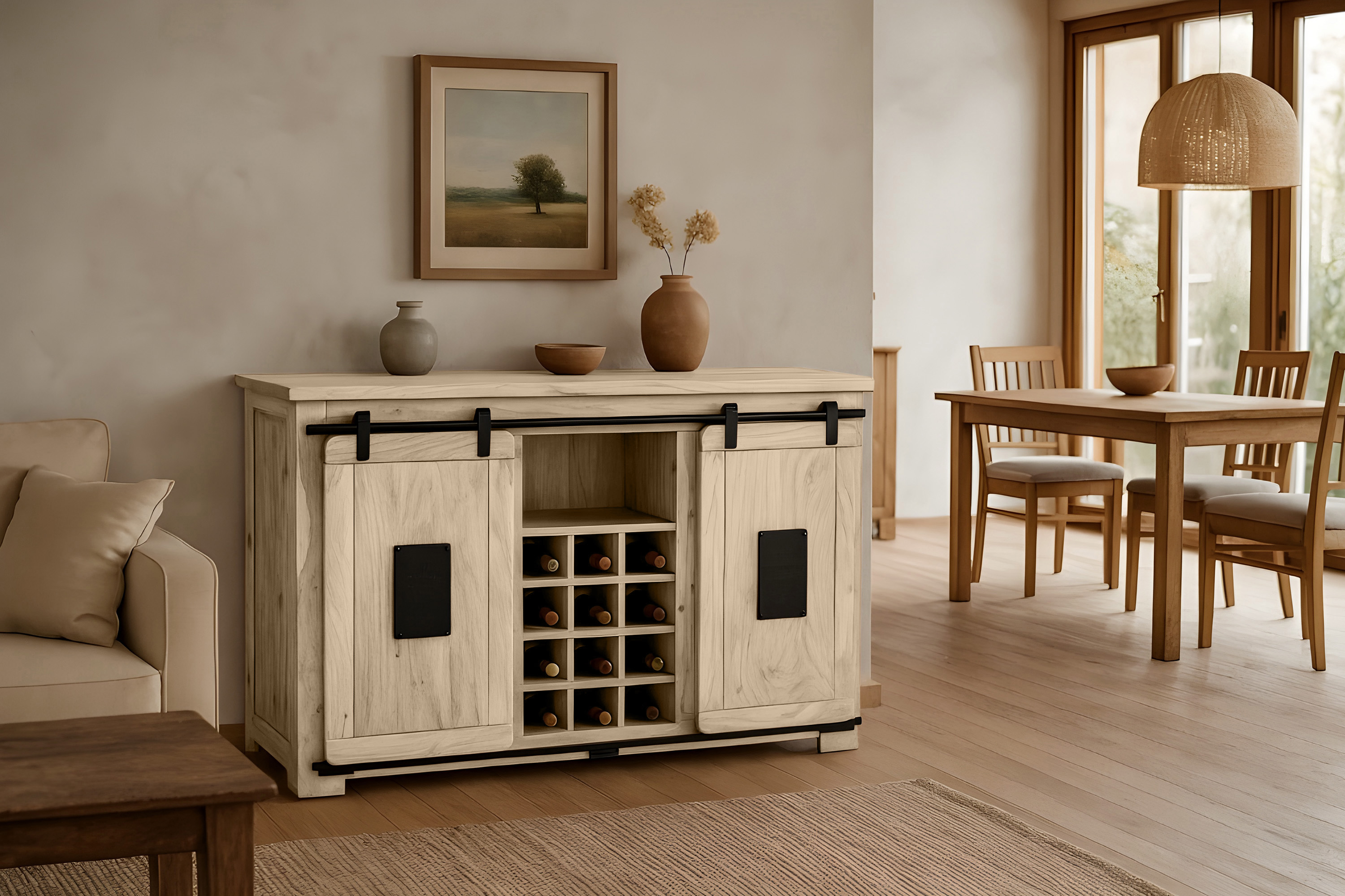 Wein-Sideboard Akazienholz massiv eichefarben Weinschrank 145 x 85 x 45 cm LIBRO