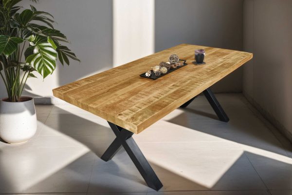 Esszimmertisch Mangoholz Rough massiv X-Gestell schwarz Esstisch 200 x 100 cm LIBRO