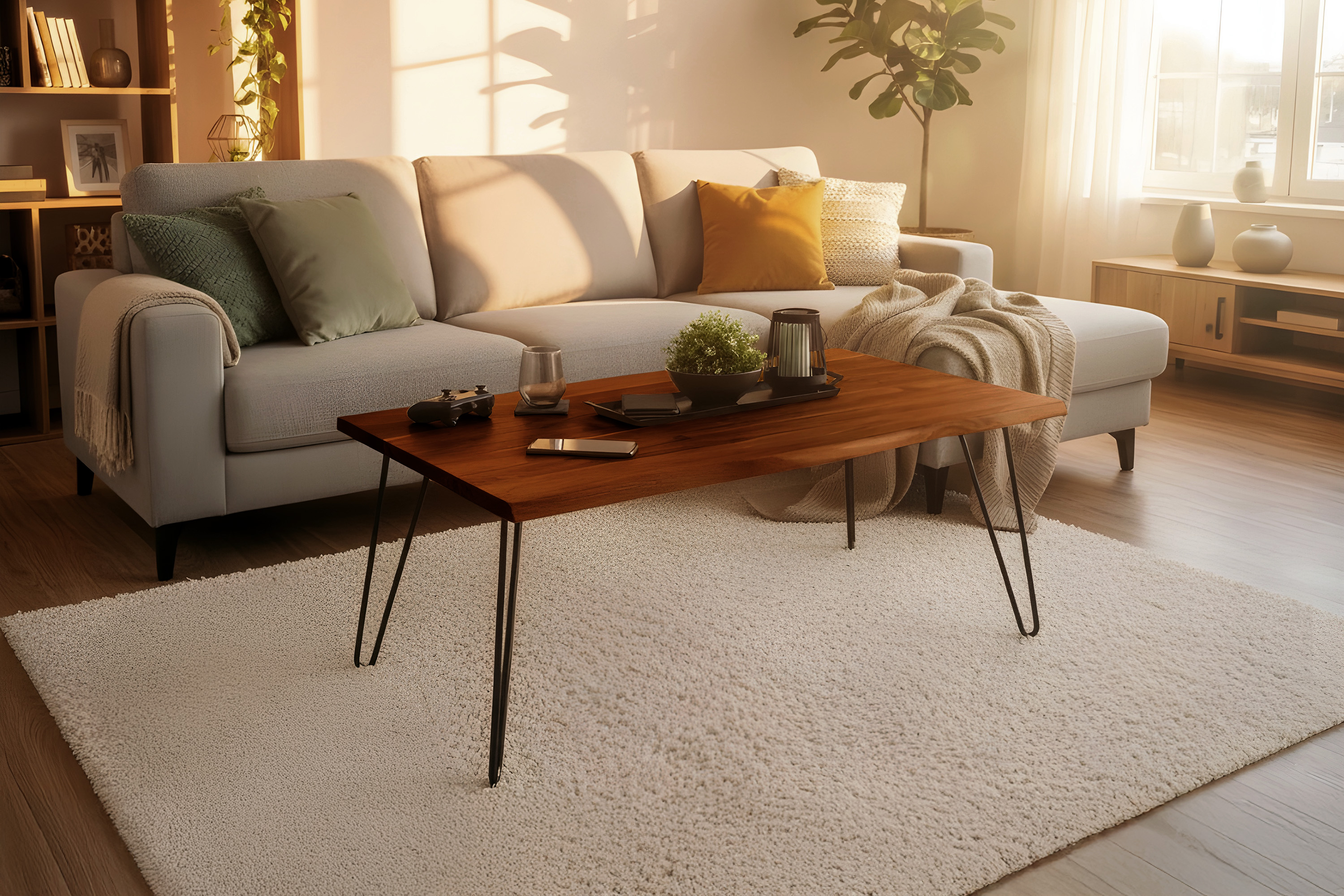 Couchtisch Baumkante 120 x 80 cm Akazie nussbaum Hairpin Gestell Quintus