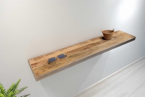 Wandregal Mangoholz massiv & rau 120x20 cm Holzregal Steckboard Baumkante AMANDA