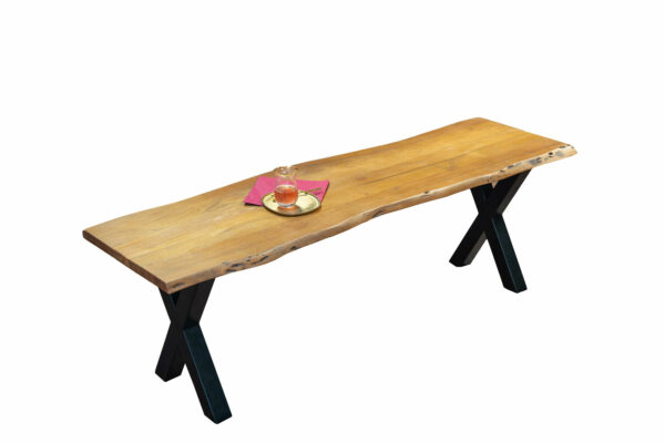 Sitzbank Baumkante 140 cm nussbaum massiv Akazie X-Gestell schwarz Quintus