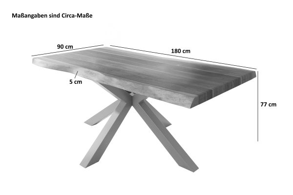 Esstisch 180 x 90 cm Akazie massiv natur Baumkantentisch Spider-Gestell schwarz ATLAS