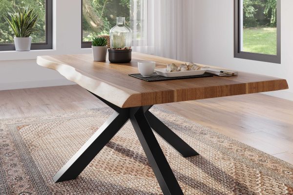 Esstisch 180 x 90 cm Akazie massiv natur Baumkantentisch Spider-Gestell schwarz ATLAS