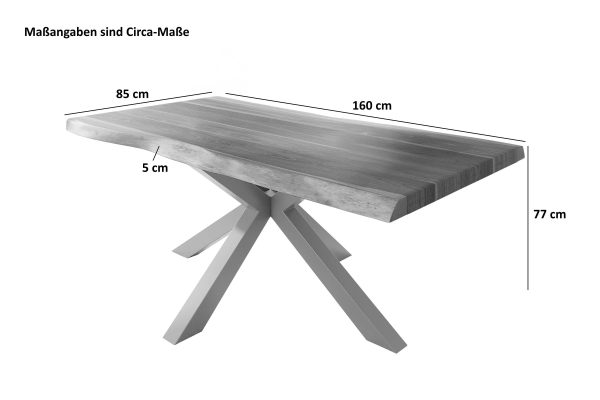 Esstisch 160 x 85 cm Akazie massiv natur Baumkantentisch Spider-Gestell silber ATLAS