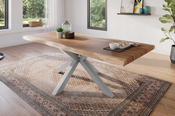 Esstisch 200 x 100 cm Akazie massiv natur Baumkantentisch Spider-Gestell silber ATLAS