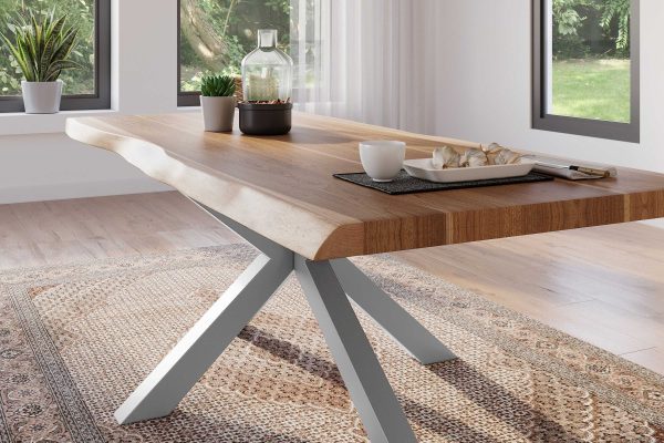 Esstisch 200 x 100 cm Akazie massiv natur Baumkantentisch Spider-Gestell silber ATLAS