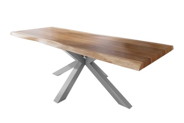 Esstisch 260 x 100 cm Akazie massiv natur Baumkantentisch Spider-Gestell silber ATLAS