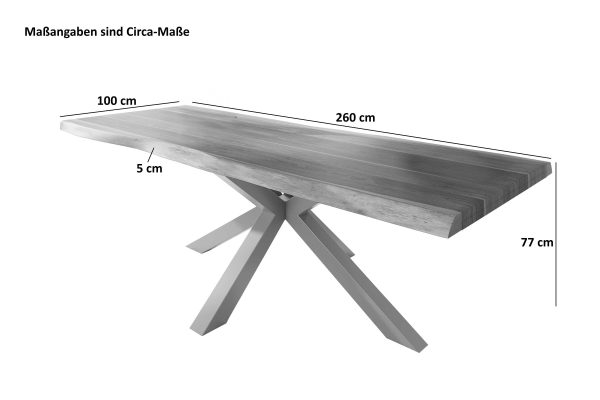 Esstisch 260 x 100 cm Akazie massiv natur Baumkantentisch Spider-Gestell silber ATLAS