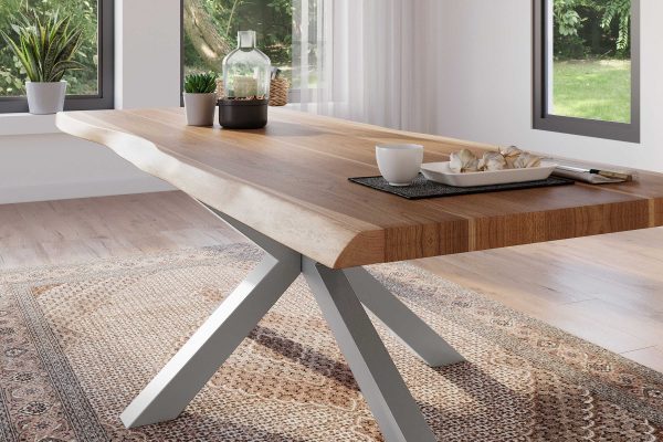Esstisch 260 x 100 cm Akazie massiv natur Baumkantentisch Spider-Gestell silber ATLAS
