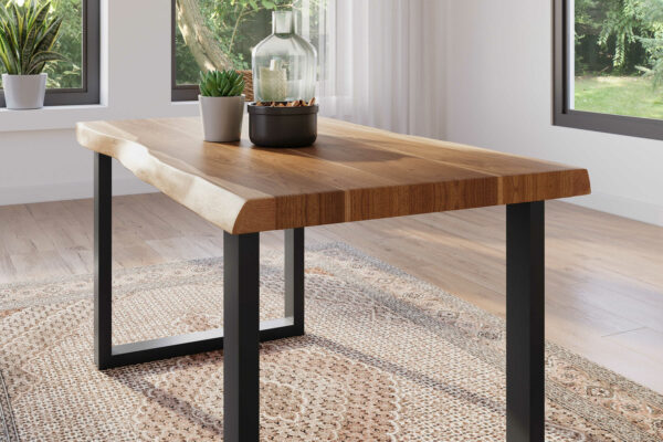 Esstisch 120 x 80 cm Akazie massiv natur Baumkantentisch U-Gestell schwarz ATLAS