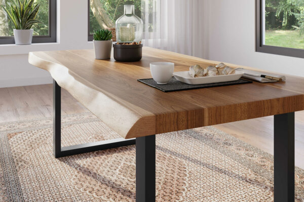 Esstisch 180 x 90 cm Akazie massiv natur Baumkantentisch U-Gestell schwarz ATLAS