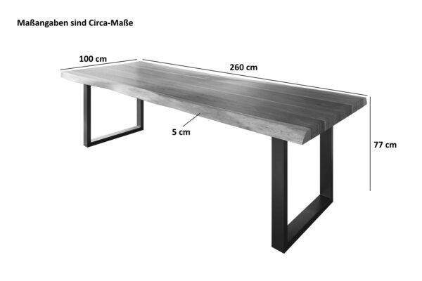 Esstisch 260 x 100 cm Akazie massiv natur Baumkantentisch U-Gestell schwarz ATLAS