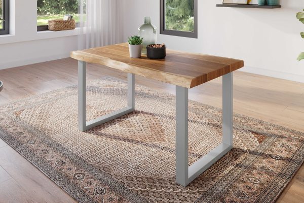 Esstisch 140 x 80 cm Akazie massiv natur Baumkantentisch U-Gestell silber ATLAS