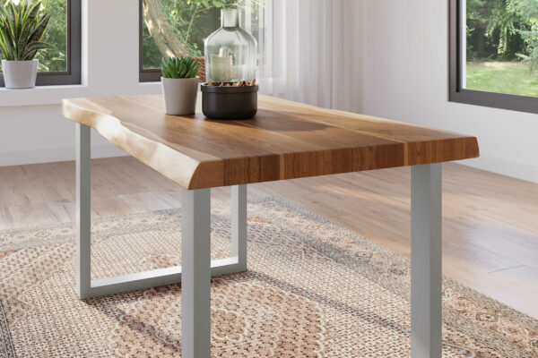 Esstisch 140 x 80 cm Akazie massiv natur Baumkantentisch U-Gestell silber ATLAS