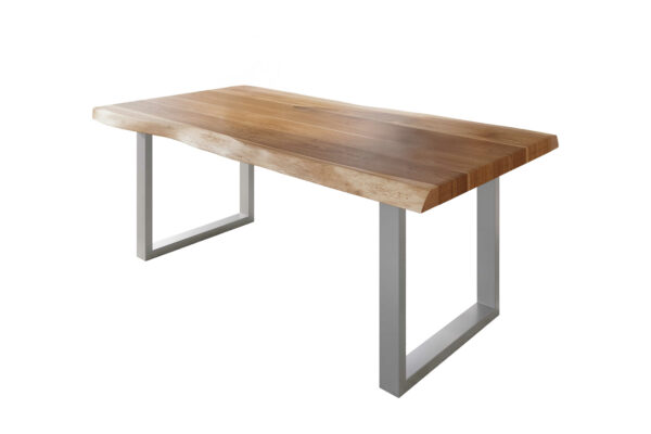 Esstisch 160 x 85 cm Akazie massiv natur Baumkantentisch U-Gestell silber ATLAS