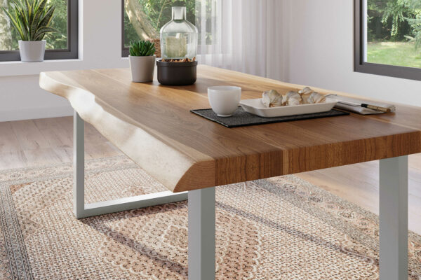 Esstisch 180 x 90 cm Akazie massiv natur Baumkantentisch U-Gestell silber ATLAS