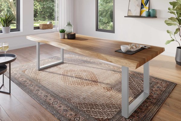 Esstisch 300 x 100 cm Akazie massiv natur Baumkantentisch U-Gestell silber ATLAS