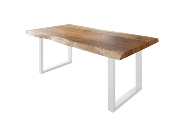 Esstisch 160 x 85 cm Akazie massiv natur Baumkantentisch U-Gestell weiß ATLAS
