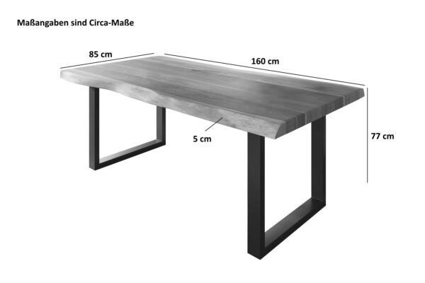 Esstisch 160 x 85 cm Akazie massiv natur Baumkantentisch U-Gestell weiß ATLAS