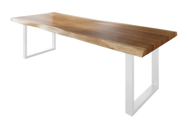 Esstisch 240 x 100 cm Akazie massiv natur Baumkantentisch U-Gestell weiß ATLAS