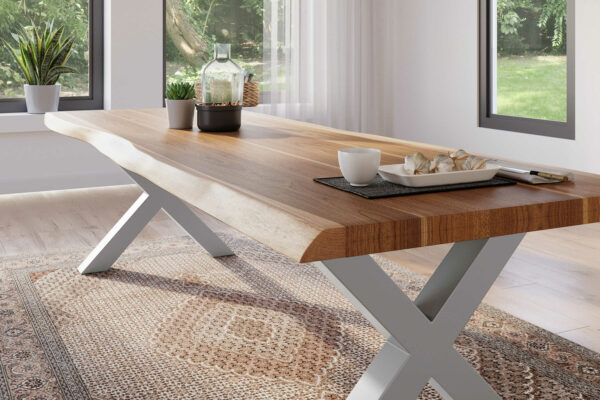 SAM NEU Esszimmer Baumkante Tische Atlas Natur X Gestell silber 280x100 BKT Atlas X Gestell silber 04 scaled