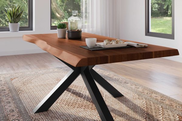 Esstisch 180 x 90 cm Akazie massiv nussbaum Baumkantentisch Spider-Gestell schwarz ATLAS