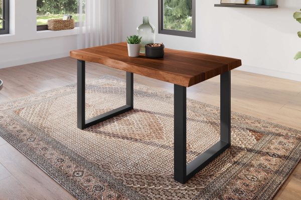Esstisch 120 x 80 cm Akazie massiv nussbaum Baumkantentisch U-Gestell schwarz ATLAS