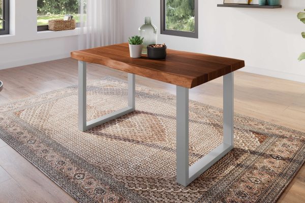 Esstisch 140 x 80 cm Akazie massiv nussbaum Baumkantentisch U-Gestell silber ATLAS