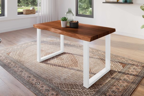 Esstisch 140 x 80 cm Akazie massiv nussbaum Baumkantentisch U-Gestell weiß ATLAS