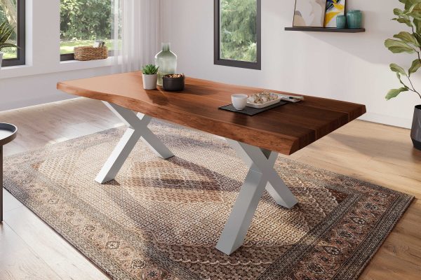 SAM NEU Esszimmer Baumkante Tische Atlas Nuss X Gestell silber 220x100 BKT Atlas X Gestell silber 01 scaled