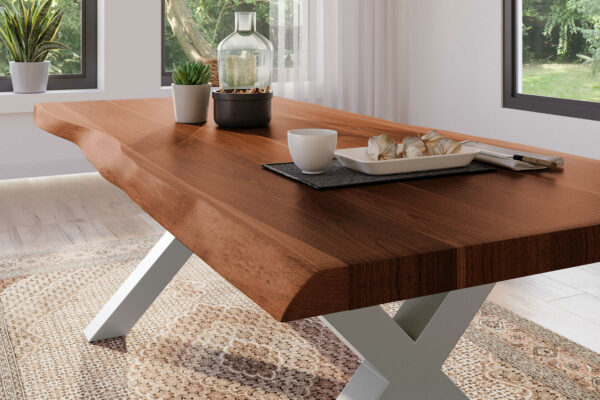 SAM NEU Esszimmer Baumkante Tische Atlas Nuss X Gestell silber 220x100 BKT Atlas X Gestell silber 04 scaled