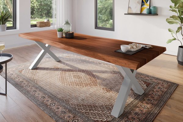 SAM NEU Esszimmer Baumkante Tische Atlas Nuss X Gestell silber 300x100 BKT Atlas X Gestell silber 01 scaled