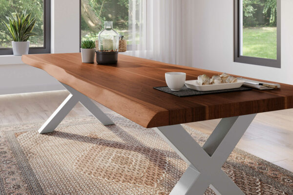 SAM NEU Esszimmer Baumkante Tische Atlas Nuss X Gestell silber 300x100 BKT Atlas X Gestell silber 04 scaled
