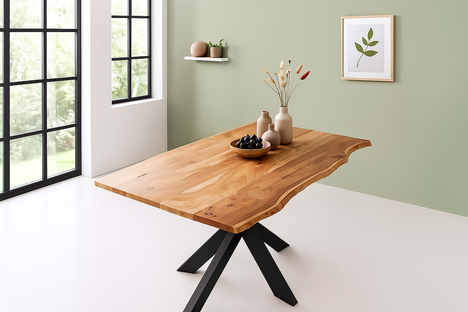 Esstisch Baumkante massiv Akazie natur 120 x 80 Spider-Gestell schwarz BENNI