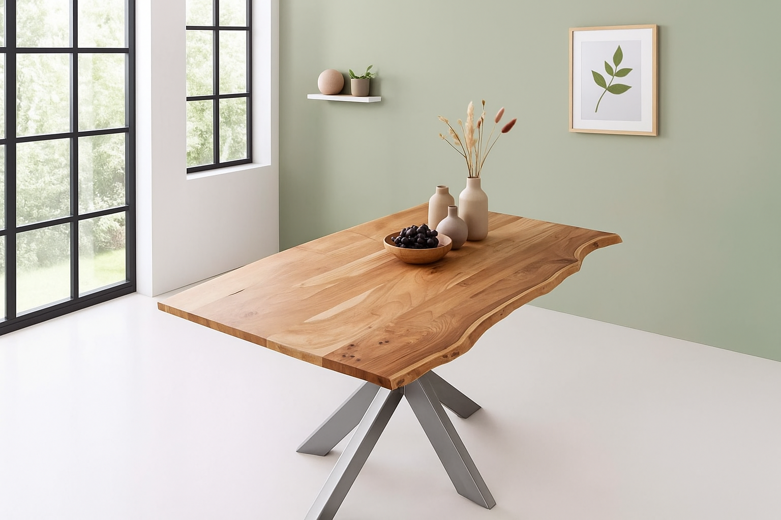 Esstisch Baumkante massiv Akazie natur 140 x 80 Spider-Gestell silber BENNI