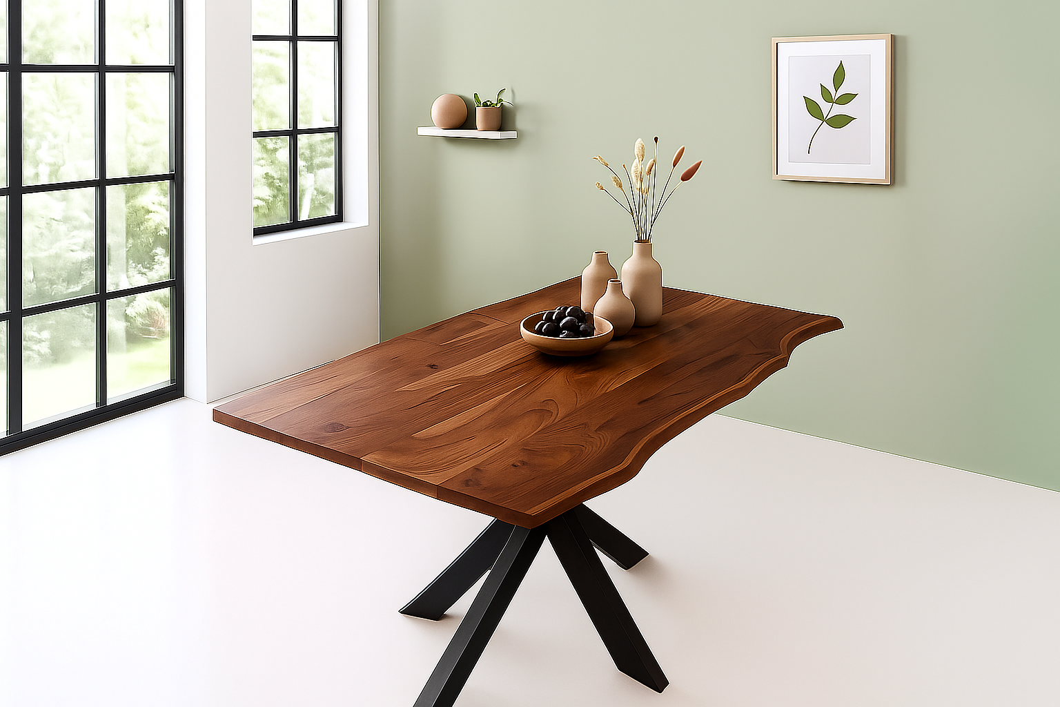 Esstisch Baumkante massiv Akazie nussbaum 180 x 90 Spider-Gestell schwarz BENNI