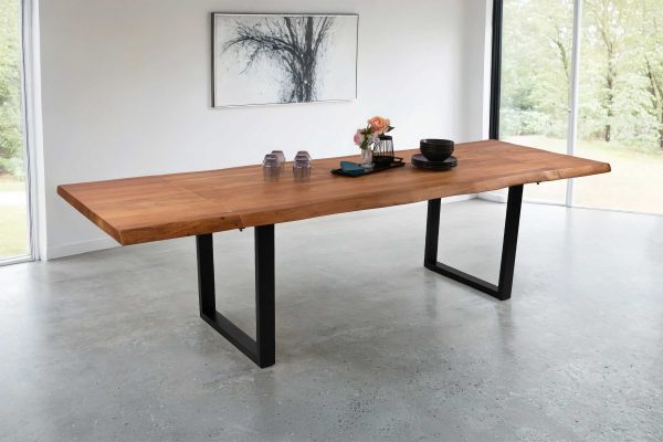 Esstisch mit Ansteckplatten 160(260)x90 cm Baumkante Akazie natur U-Gestell schwarz CALI