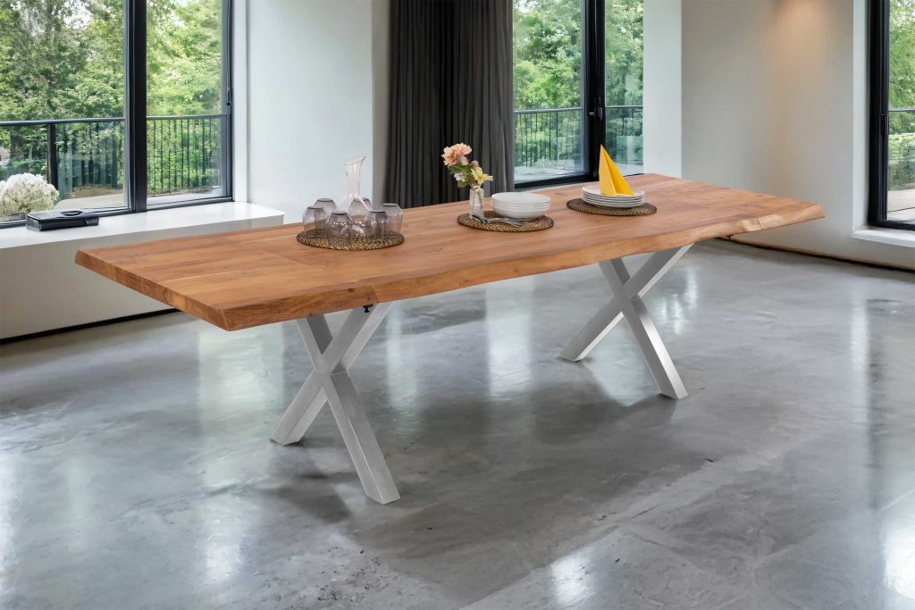 SAM_NEU-Esszimmer-Baumkante-Tische-Cali-Ansteckplatte-X-Gestell-natur-silber-220-BKT_Cali_natur_01