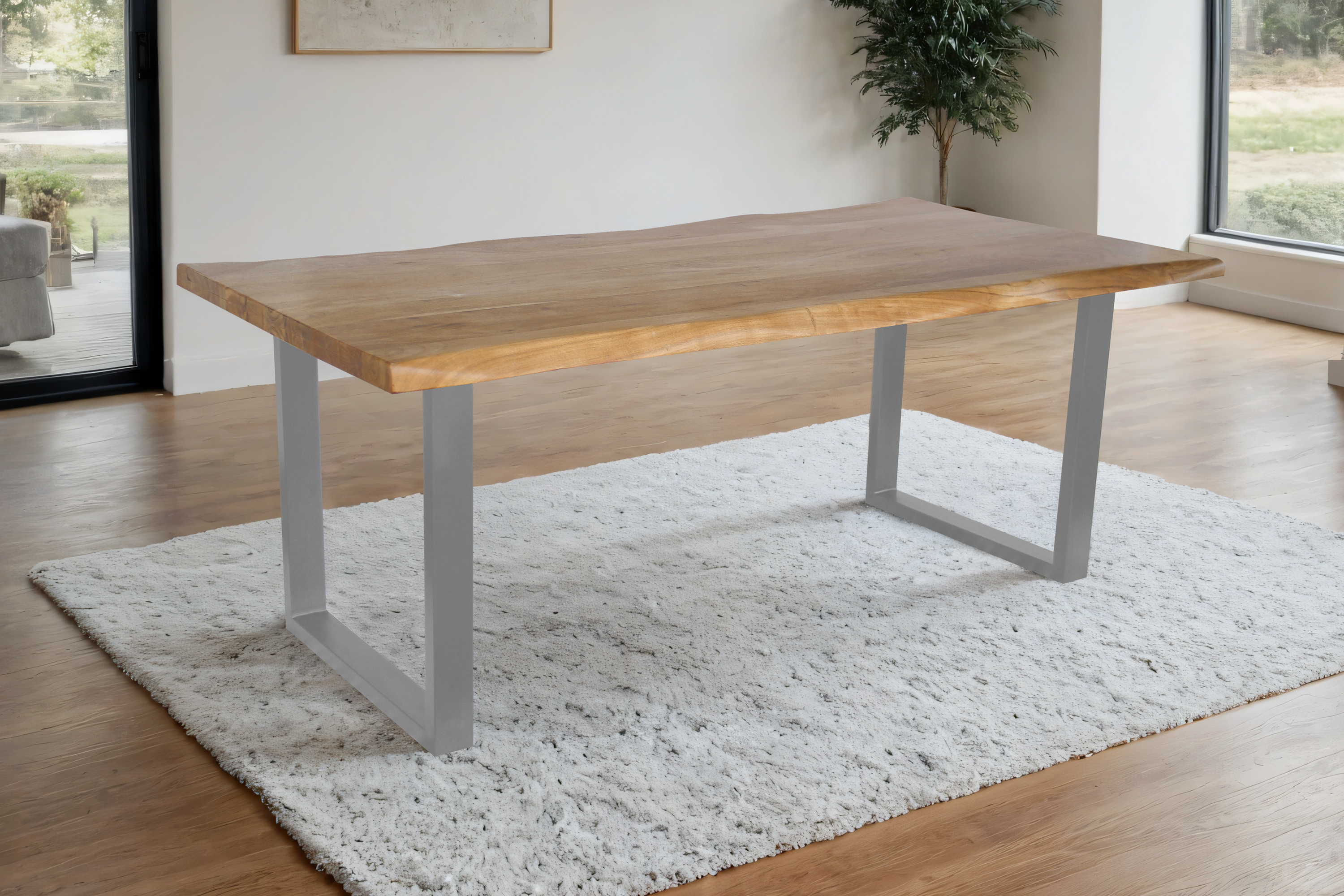 Esstisch Baumkante Akazie massiv 50mm Eichefarben 200 x 100 cm U-Gestell silber CALI