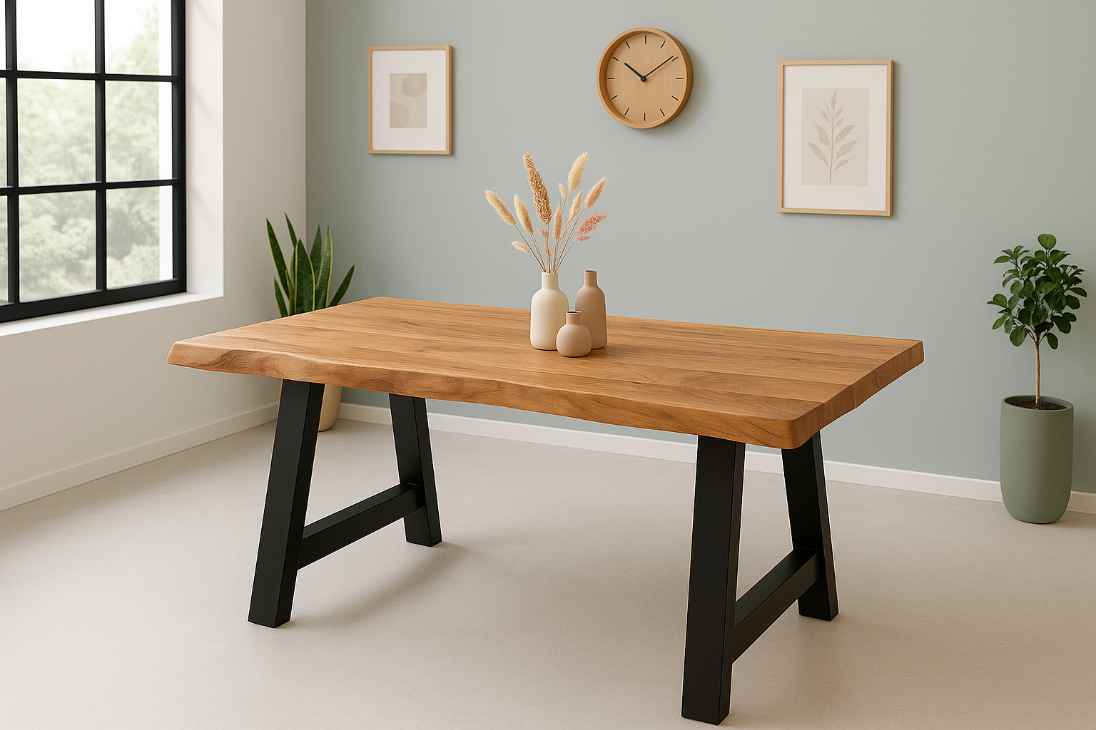 Esstisch Baumkante Akazie massiv 50mm Natur 140 x 80 cm A-Gestell schwarz CALI