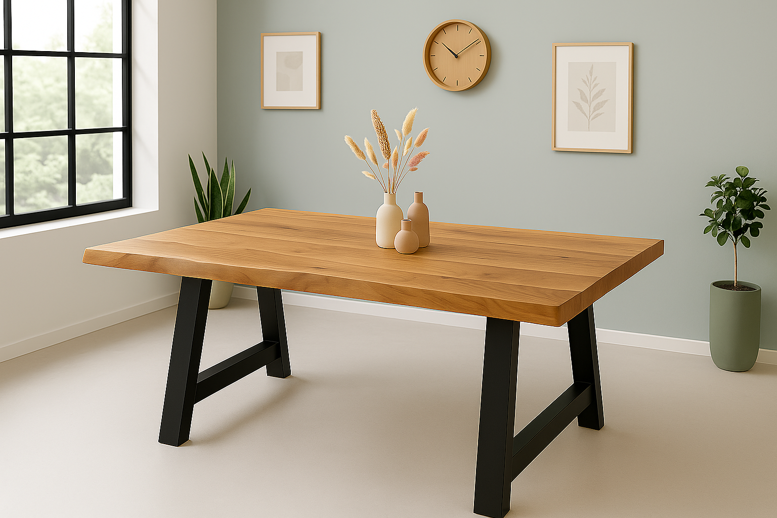 Esstisch Baumkante Akazie massiv 50mm Natur 200 x 100 cm A-Gestell schwarz CALI